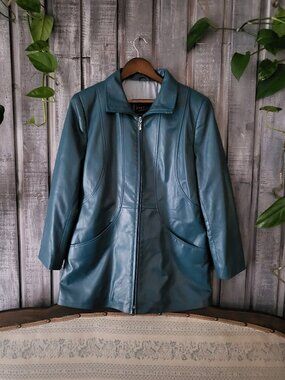 Jezelite Vintage Teal Blue 100% Real Leather Coat Mid-Length Zip Jacket 12 / 90s